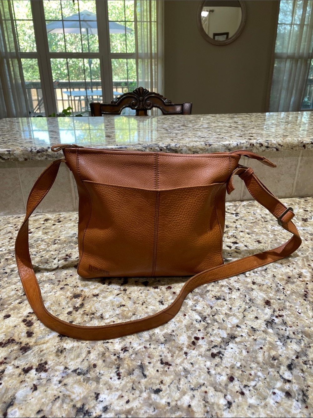 Duluth Trading Co. Pebbled Leather Crossbody in Cognac Brown